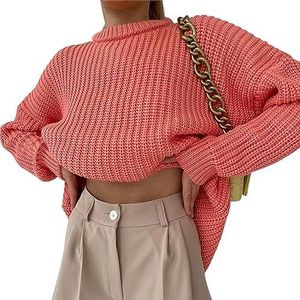 Sawmew Gebreide trui met ronde hals en ronde hals voor dames met lange mouwen en effen kleur Pullover-trui-tops (Color : Orange, Size : M)