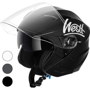 WESTT Jet motorhelm I motorhelm zwart I scooterhelm met dubbel vizier I jethelm heren & dames I ademende bromfiets helm I schokbestendige motorhelm I ECE-gecertificeerd I maat XL (59-60 cm)