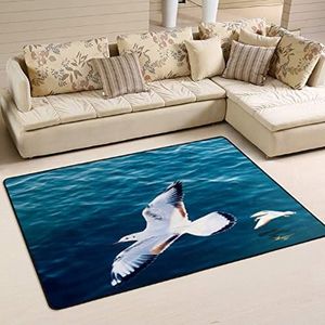 Vloerkleden, 100 x 150 cm, zeevogel vliegend blauw oceaan woonkamertapijt, antislip welkomstmat decoratie vloerkleed, voor binnen en buiten, strand