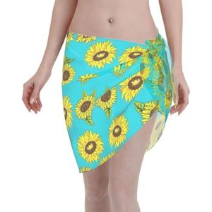 Zonnebloemen patroon print elegante strand wrap, bikini cover-up, badmode jurk, voor vrouwen, perfect voor zwembad en resort zwart, Zwart, one size