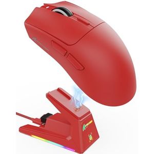 ATTACK SHARK X1 Gamingmuis met Magnetisch Oplaadstation, PixArt PAW3395PRO Gamingsensor, 40000DPI, BT/2.4G Draadloos/Bedraad, 53g SUPERLIGHT Muis, 100M Microswitches voor PC/Xbox/PS/Mac - Rood