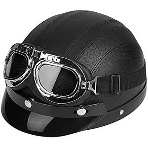 Estink Motorhelm, jethelm, veiligheidsbril met vizier, lederen open helm, 54-60 cm (zwart)