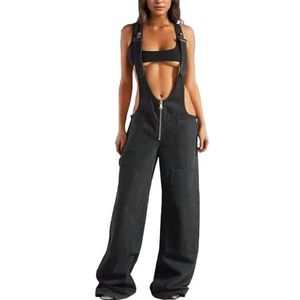 OHERUWKLS Dames Denim Overalls Mouwloze Baggy Sexy Jumpsuit met verstelbare taille,zwart,L