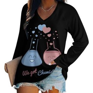 We Got Chemistry Love Pun Casual T-shirts met lange mouwen voor dames V-hals bedrukte grafische blouses Tee Tops 2XL