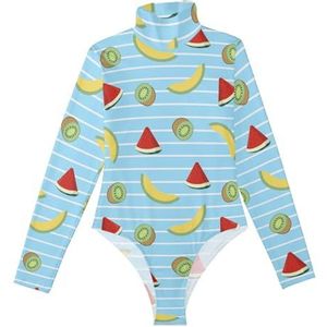 LI ZHI XIN Rompertjes met lange mouwen voor dames, eendelige jumpsuit met hoge hals, coltrui, turnpakje, top voor meisjes, dans, workout, fitness, bodysuit, watermeloen, banaanpatroon, Meerkleurig, S