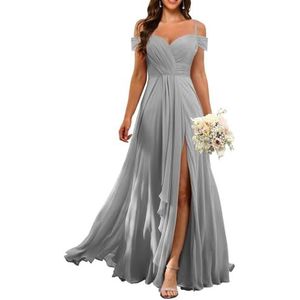 KURFACE Dames koude schouder chiffon bruidsmeisjes jurken met split geplooide formele avondjurk Maid of Honor, Zilver, 34