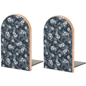 Paisley Blauw Mesh Patroon Houten Boek Eindigt Moderne Boekensteunen voor Planken Heavy Duty Boek Stopper Decoratieve Houder CD's Organizer 5 X 3 X 4 inch