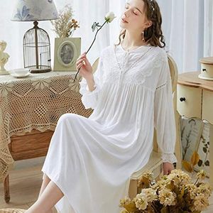 Dames lang wit nachthemd Retro Sweet Plus size katoenen vintage nachthemd met lange mouwen lente herfst, wit, L.