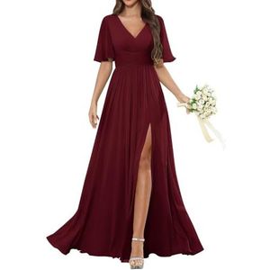 HPPEE Damesjurk met korte mouwen en V-hals, chiffon, bruidsmeisjesjurk met split en plooien, lange formele avondjurk, Bordeaux, 32