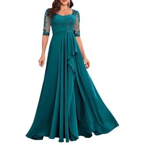 Dames chiffon moeder van de bruid jurk voor bruiloft met split galajurken cocktailjurk plus size, Turkoois, 42