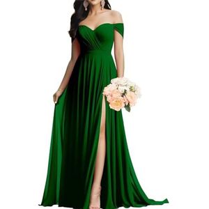 Sweetheart bruidsmeisjesjurk voor vrouwen ruches chiffon off-shoulder mouwloze hoge taille bruiloft feestjurk, Emerald Groen, 52