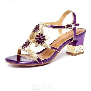 Immemorialm Klassieke zomersandalen voor dames, strass-steentjes, kristallen blokhak, avondjurk, party, bruidsschoenen, lila, 35 EU