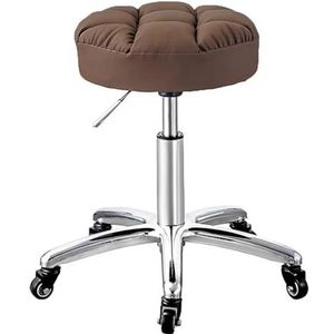 FXLUHAY Verstelbare rollende draaibare massagekruk met wielen en krasbestendig PU-lederen zachte zitting, in hoogte verstelbare hydraulische stoel, ronde rollende spa salon stoelkruk (bruin)