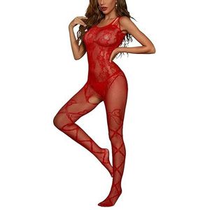 Sniff Rose Vrouwen Visnet Lingerie Bodystocking Uitgesneden Bodysuit Panty Teddy Ondergoed Babydoll Halter Hals Nachtkleding Horsiery Chemise, Rood, one size