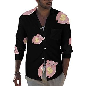 Pink Pig Dollar heren revers shirt met lange mouwen button down print blouse zomer zak T-shirts tops XL