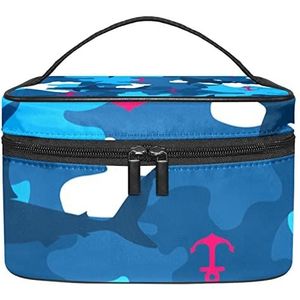 Reizen Make-up Cosmetische Case Opbergtas Roze Anker Marine Shark Blue Camo Cosmetische Tas Draagbaar voor Meisjes Vrouwen, Meerkleurig, 22.5x15x13.8cm/8.9x5.9x5.4in