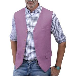 AeoTeokey Linnen vest voor heren, zomerpak, vest, V-hals, lichtgewicht, casual vest, normale pasvorm, Lavendel, L