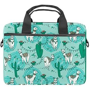 Bloem Laptop Schouder Messenger Bag Crossbody Aktetas Messenger Sleeve voor 13 13.3 14.5 Inch Laptop Tablet Beschermen Tote Bag Case, Groene Alpaca Cactus Leuke Cartoon Llama, 11x14.5x1.2in /28x36.8x3 cm