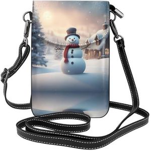 SSIMOO Merry Christmas Leuke Sneeuwman Stijlvolle Lederen Crossbody Flip Case, Vrouwen Ruime Telefoon Tas Mobiele Telefoon Case Tas