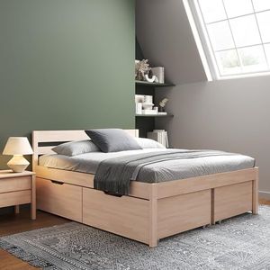 200x200 cm houten bed met hoofdeinde - Triin Scandi Style hoogslaper zonder lattenbodem incl. lattenbodem een opberglade - Natuurlijke kleur - Draagvermogen 350 kg