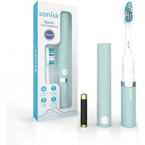 Sonisk Pulse | Elektrische tandenborstel op batterijen | Draagbaar reisformaat met antimicrobiële sonische technologie | 1x batterij, 2x opzetborstels, 1x reiskoffer inbegrepen (groenblauw)