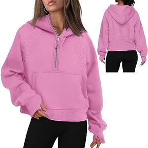 Vrouwen Cropped Hoodies Kwart Half Zip Cropped Hoodies Sweatshirts Zip Up Pullover Sweaters Duim Gat Workout Hoodie Zip Up (Color : Pink, Size : M)