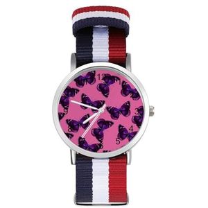 Paarse Vlinder Unisex Nylon Horloge Verstelbare Polshorloges Casual Groot Gezicht Horloge Gemakkelijk te lezen