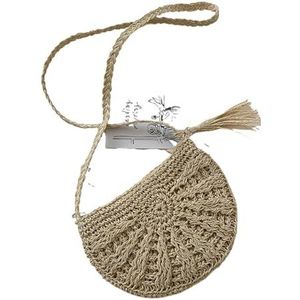 AMEEDA Stro Strandtas Zomer Half Ronde Stro Tas Vrouwen Handgemaakte Geweven Schoudertas Kwastje Cirkel Rotan Tassen Bohemian Strand Tassen Bolso Mujer, Beige, 22X19CM