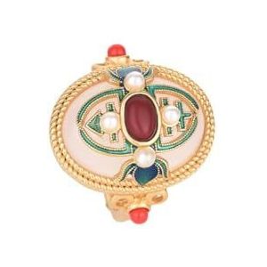 UEMATU Paleisontwerp Chinese stijl elegante oude methode gouden emaille kleur cloisonne multi-schat ring ingelegd met witte jade zuid rode ring, Zilver