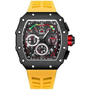 PINTIME Mode Heren Horloge Hallow Punk Chronograaf Sport Horloge Luxe Designer Mens Horloge, Gele riem en zwarte behuizing, Mode