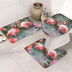 VTCTOASY Twee Rode Flamingo's Print Badkamer Tapijten Sets 3 Stuk Absorberend Toilet Deksel Cover Antislip U-vormige Contour Mat voor Toilet Badkamer