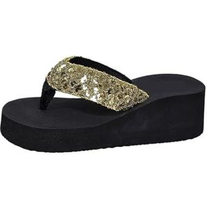 UBOHUZ Dames Flip Flops Pailletten Wedge Slippers Vrouwen Zomer Comfort Antislip Strand Flop Flops Lichtgewicht Clip Teen Platform Sandalen Voor Strand, Indoor, Geel, 43 EU