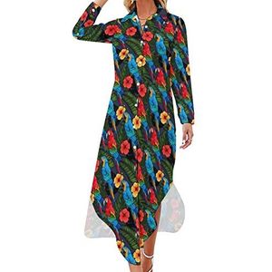 Macaw And Hibiscus Maxi-jurk voor dames, lange mouwen, knoopjurk, casual feestjurk, lange jurk, 5XL