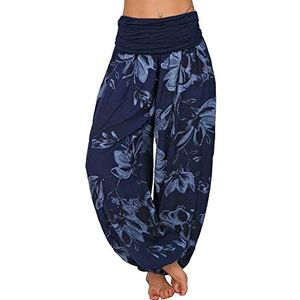 Dames Hippie Harembroek,Dames Harem Hippie Broek, Relaxte Harem Broek, Elegante Bloemenprint Donkerblauwe Wijde Pijpen Bloeiers Voor Yoga En Strandvakanties