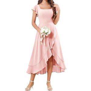 Korte Mouw Bruidsmeisje Jurken voor Bruiloft Hoge Lage Chiffon Formele Avond Party Maxi Gown Thee Lengte AH157, Blush Roze, 42