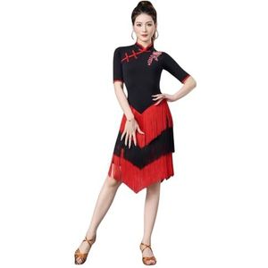 Tytyozay Vrouwen Latijns-Amerikaanse dansjurk, elegante Chinese stijl Cheongsam-ontwerp Performance-kostuum Mode Fringe Ballroom Performance-outfit voor Samba Rumba Cha Cha Tango,Rood,L