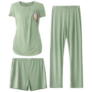 SUNNYBUY Vrouwen moederschap verpleegkundige pyjama's set, korte mouwen borstvoedingsshirts, zwangerschapsshorts & broek 3-delige voedingspyjama's, grijs/groen, M