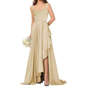 HPPEE Satijnen bruidsmeisjesjurken voor dames met split ruches vloerlengte korset mouwloze formele feestjurk, Champagne, 32