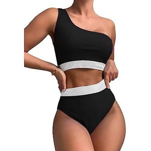 FDEETY Dames bikini set kleurblok één schouder brede band onder de borst asymmetrische badmode hoge taille push-up buikweg zwempak driehoekig badpak tweedelig badpak, zwart, M