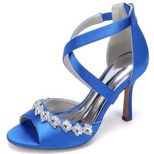 EICOFF Satijnen Hoge Hakken Trouwschoenen voor Dames Vrouwen Open Tenen Pompen Enkelband Strass Bruid Bruiloft Feest Werk Sandalen,Royal blue,36 EU