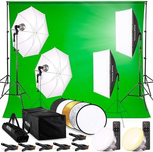 PIXETOOL Green screen (3 x 3 m) met Achtergrondsysteem (3 x 2,6 m) - Fotostudio Set - Inc.Wit en Zwart achtergronddoek, Softbox, Paraplu’s, Lamphouders, LED lampen, Reflectiescherm & Draagtas