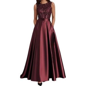 AHERKLL Satijn Moeder van de Bruid Jurken Ronde Hals Pailletten Formele Avond Feest Grootmoeder Jassen met Zakken HAH051, Bordeaux, 32