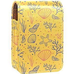 Make-up Lipstick Case voor Buiten Geel Zeewier Zeester Schelpen Koraal Draagbare Lippenstift Organizer met Spiegel Dames Mini Make-up Tas Neemt Tot 3 Lippenstift