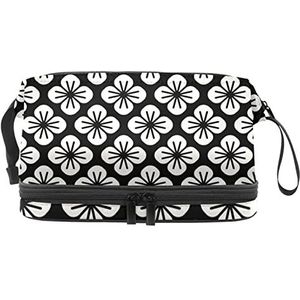 Grote capaciteit reizen cosmetische tas, make-up tas, waterdichte make-up tas organizer, zwart-wit eenvoudig kersenbloesem patroon-01, Meerkleurig, 27x15x14 cm/10.6x5.9x5.5 in