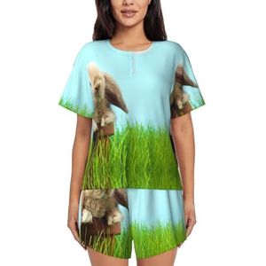 EdWal Konijn Op Groen Gras Print Vrouwen Pyjama Sets Lounge Wear Set Zachte Loungewear Korte Mouwen Pjs En Shorts, Zwart, S