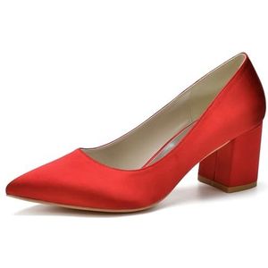 HFWXYSA Dames Chunky Blok Hak Bruids Pompen Puntige Teen Slip op Klassieke Geklede Schoenen voor Bureau Bruiloft Werkavond,Rood,35 EU