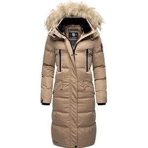 MARIKOO Sneeuwsterntje Winterjas voor dames, warme gewatteerde jas, lang met afneembaar kunstbont en capuchon, XS - XXL, taupe, L