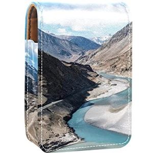 Draagbare Lipstick Case voor op reis,Mini Lipstick Opbergdoos met spiegel voor vrouwen dames, Lederen cosmetische Pouch Lake Mountain, Meerkleurig, 9.5x2x7 cm/3.7x0.8x2.7 in