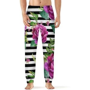 Roze bloemen - zwart-witte strepen heren pyjama broek print lounge nachtkleding bodems slaapbroek 3XL