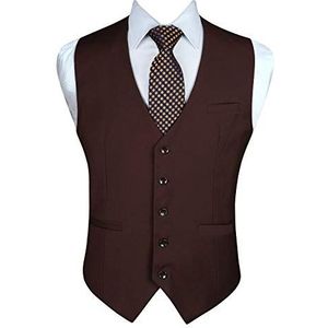 Enlision Gilet voor heren, formele effen giletjes voor bruiloft, effen kleur smoking, smokingjas, zakelijk pak, vest met zakken XS-4XL, Bruin, XL